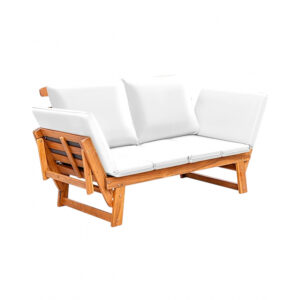 Sofá cama de madera con cojínes blancos