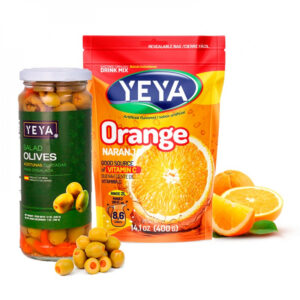 Aceitunas cortadas para ensaladas + Refresco instantáneo sabor a naranja